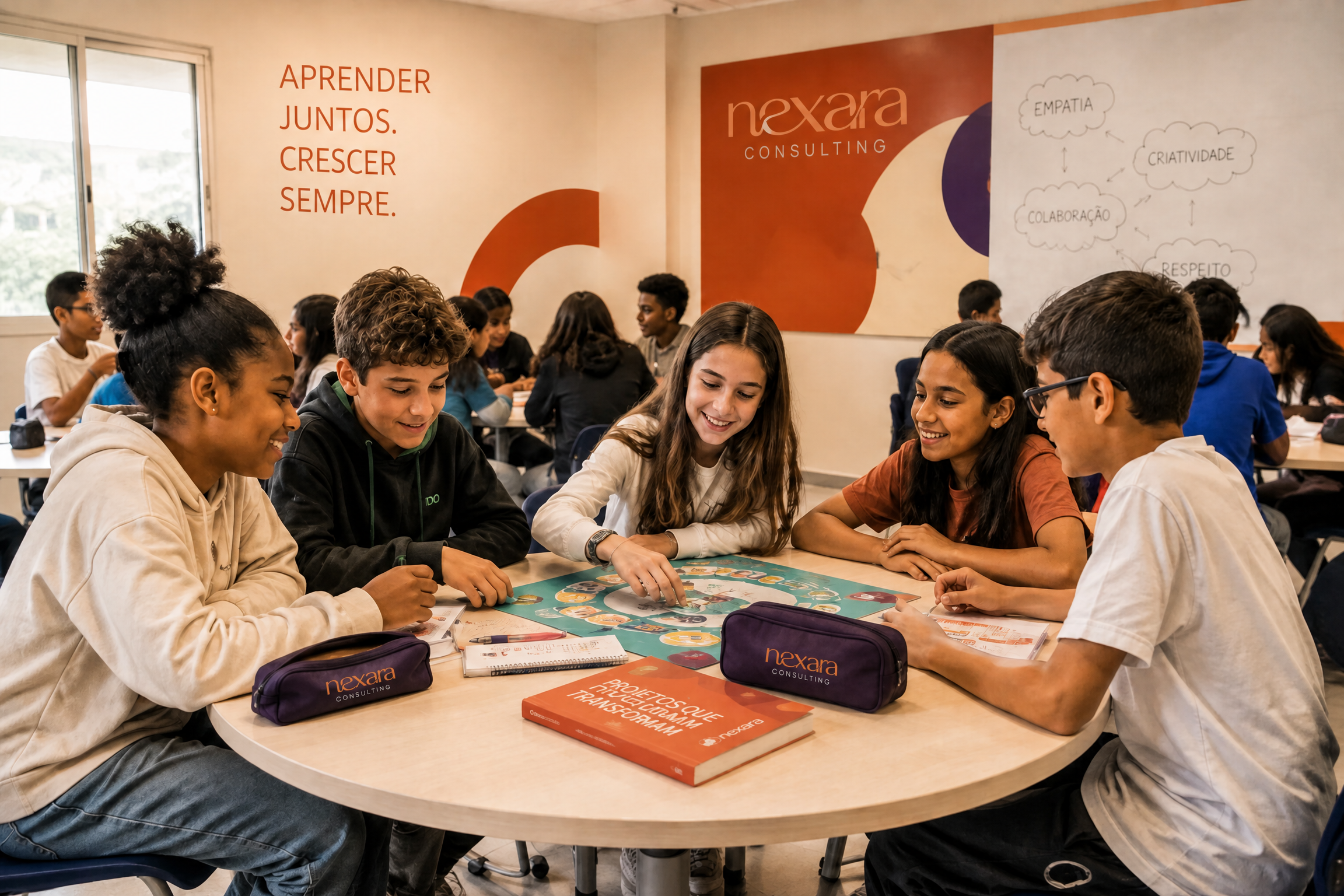 Estudantes aprendendo juntos em uma escola